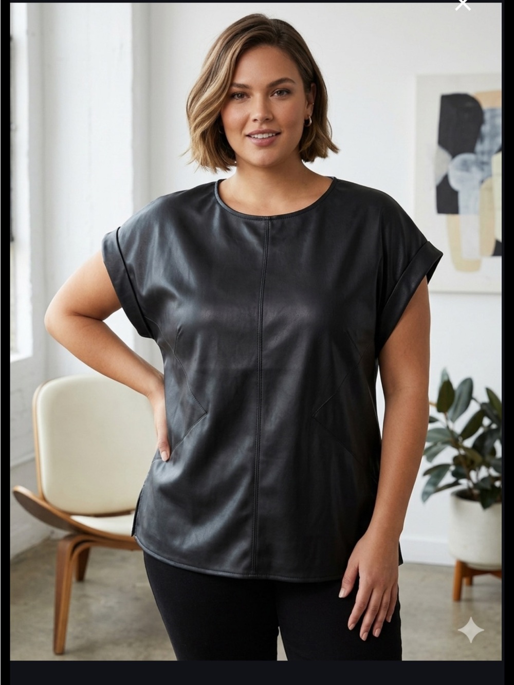 RACHEL Rachel Roy Black Faux Leather Short Sleeve Tunic